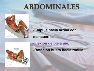 ABDOMINALES
-Empuje hacia arriba con
mancuerna.
-Flexión de pie a pie.
-Rotación busto hacia rodilla.

 