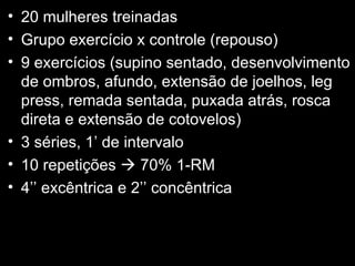 20 mulheres treinadas Grupo exercício x controle (repouso) 9 exercícios (supino sentado, desenvolvimento de ombros, afundo, extensão de joelhos, leg press, remada sentada, puxada atrás, rosca direta e extensão de cotovelos) 3 séries, 1’ de intervalo 10 repetições    70% 1-RM 4’’ excêntrica e 2’’ concêntrica 