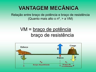 VANTAGEM MECÂNICA
Relação entre braço de potência e braço de resistência
           (Quanto mais alto o nº, > a VM)


      VM = braço de potência
          braço de resistência
 