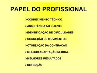 PAPEL DO PROFISSIONAL
    CONHECIMENTO TÉCNICO

    ASSISTÊNCIA AO CLIENTE

    IDENTIFICAÇÃO DE DIFICULDADES

    CORREÇÃO DE MOVIMENTOS

    OTIMIZAÇÃO DA CONTRAÇÃO

    MELHOR ADAPTAÇÃO NEURAL

    MELHORES RESULTADOS

    RETENÇÃO
 