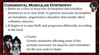 ❏ Refers to a class of muscular dystrophies that manifest
themselves at or near birth. In general, muscular dystrophies
are hereditary, degenerative disorders that mostly affect
voluntary muscles.
❏ It begins at or near birth and progresses differently according
to the kind.
Congenital Muscular Dystrophy
❏ Causes
Genetic mutations affecting some of the
proteins necessary for muscles and sometimes
for the eyes and/or brain.
 