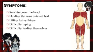 ❏ Reaching over the head
❏ Holding the arms outstretched
❏ Lifting heavy things
❏ Difficulty typing
❏ Difficulty feeding themselves
Symptoms:
 