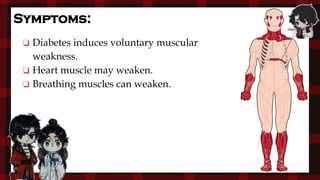❏ Diabetes induces voluntary muscular
weakness.
❏ Heart muscle may weaken.
❏ Breathing muscles can weaken.
Symptoms:
 