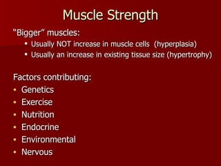Muscle Strength “ Bigger” muscles: Usually NOT increase in muscle cells  (hyperplasia) Usually an increase in existing tissue size (hypertrophy) Factors contributing: Genetics Exercise Nutrition Endocrine Environmental Nervous  