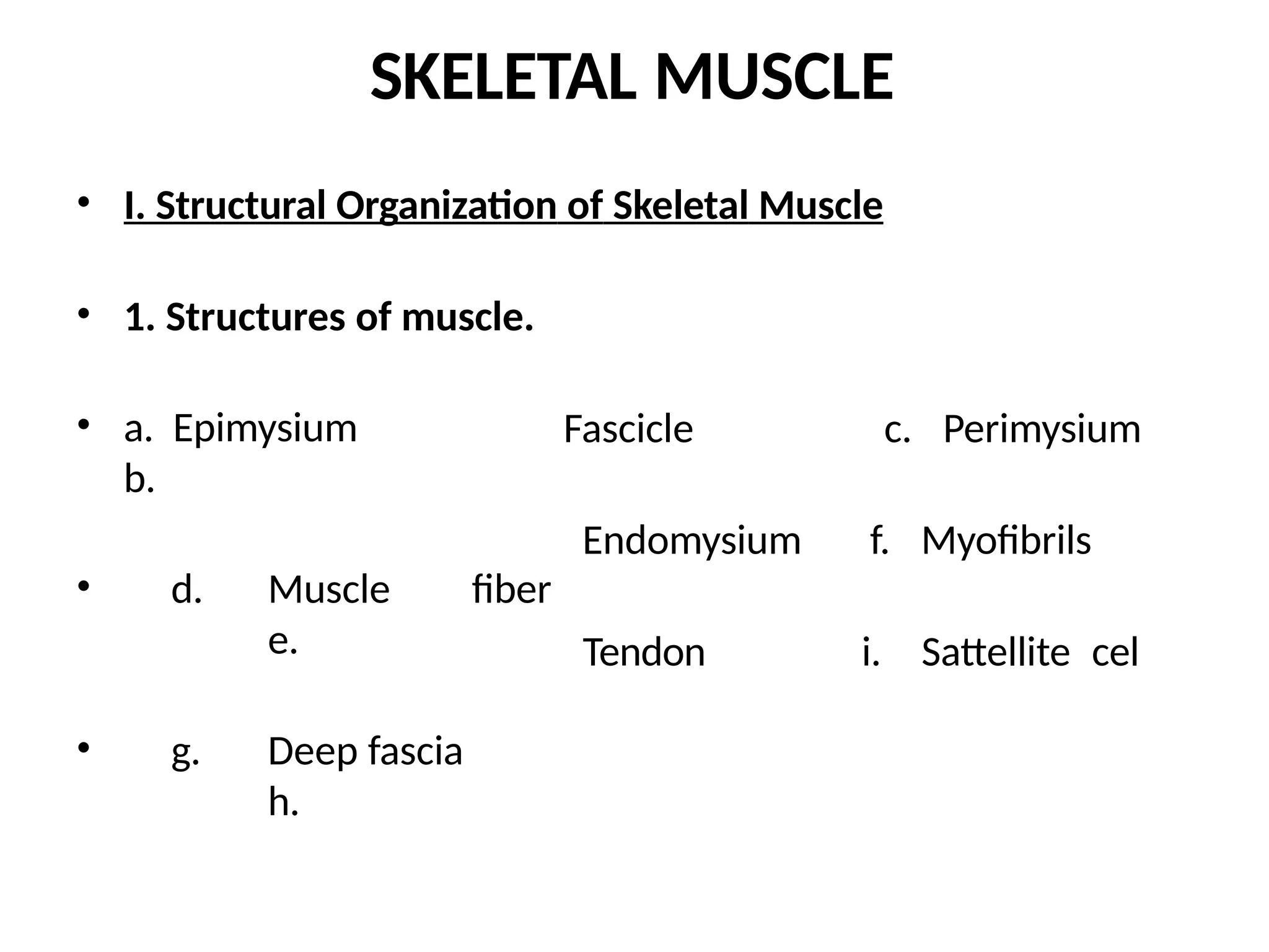 SKELETAL MUSCLE
• I. Structural Organization of Skeletal Muscle
• 1. Structures of muscle.
• a. Epimysium
b.
• d. Muscle fiber
e.
• g. Deep fascia
h.
Fascicle c. Perimysium
Endomysium f. Myofibrils
Tendon i. Sattellite cel
 