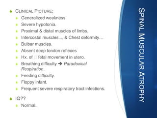SPINAL MUSCULAR ATROPHY
S CLINICAL PICTURE;
  S Generalized weakness.
  S Severe hypotonia.
  S Proximal & distal muscles of limbs.
  S Intercostal muscles..., & Chest deformity…
  S Bulbar muscles.
  S Absent deep tondon reflexes
  S Hx. of fetal movement in utero.
  S Breathing difficulty  Paradoxical
    Respiration.
  S Feeding difficulty.
  S Floppy infant.
  S Frequent severe respiratory tract infections.

S IQ??
  S Normal.
 