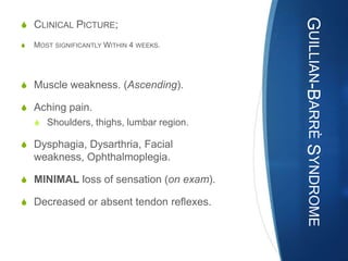 GUILLIAN-BARRÈ SYNDROME
S CLINICAL PICTURE;

S   MOST SIGNIFICANTLY WITHIN 4 WEEKS.




S Muscle weakness. (Ascending).

S Aching pain.
    S Shoulders, thighs, lumbar region.

S Dysphagia, Dysarthria, Facial
    weakness, Ophthalmoplegia.

S MINIMAL loss of sensation (on exam).

S Decreased or absent tendon reflexes.
 