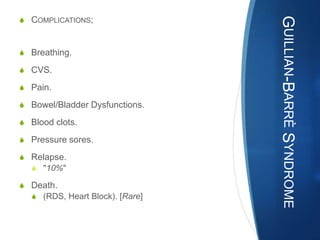 S COMPLICATIONS;




                                 GUILLIAN-BARRÈ SYNDROME
S Breathing.

S CVS.

S Pain.

S Bowel/Bladder Dysfunctions.

S Blood clots.

S Pressure sores.

S Relapse.
  S "10%"

S Death.
  S (RDS, Heart Block). [Rare]
 