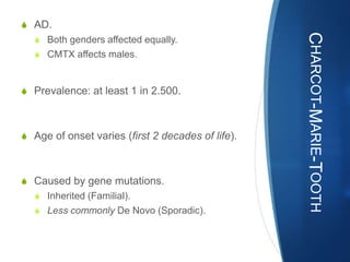 S AD.




                                                   CHARCOT-MARIE-TOOTH
  S Both genders affected equally.
  S CMTX affects males.



S Prevalence: at least 1 in 2.500.



S Age of onset varies (first 2 decades of life).



S Caused by gene mutations.
  S Inherited (Familial).
  S Less commonly De Novo (Sporadic).
 
