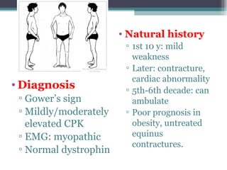 • Diagnosis
▫ Gower’s sign
▫ Mildly/moderately
elevated CPK
▫ EMG: myopathic
▫ Normal dystrophin
• Natural history
▫ 1st 10 y: mild
weakness
▫ Later: contracture,
cardiac abnormality
▫ 5th-6th decade: can
ambulate
▫ Poor prognosis in
obesity, untreated
equinus
contractures.
 
