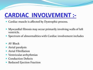 CARDIAC INVOLVEMENT :-
 Cardiac muscle is affected by Dystrophic process.
 Myocardial fibrosis may occur primarily involving walls of left
ventricle.
 Spectrum of abnormalities with Cardiac involvement includes
 AV Block
 Atrial paralysis
 Atrial Fibrillation
 Ventricular arrhythmias
 Conduction Defects
 Reduced Ejection Fraction
 