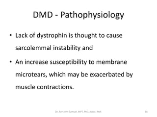 DMD - Pathophysiology
• Lack of dystrophin is thought to cause
sarcolemmal instability and
• An increase susceptibility to membrane
microtears, which may be exacerbated by
muscle contractions.
Dr. Asir John Samuel, MPT, PhD, Assoc. Prof. 16
 