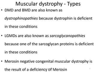 Muscular dystrophy - Types
• DMD and BMD are also known as
dystrophinopathies because dystrophin is deficient
in these conditions
• LGMDs are also known as sarcoglycanopathies
because one of the sarcoglycan proteins is deficient
in these conditions
• Merosin negative congenital muscular dystrophy is
the result of a deficiency of MerosinDr. Asir John Samuel, MPT, PhD, Assoc. Prof. 7
 