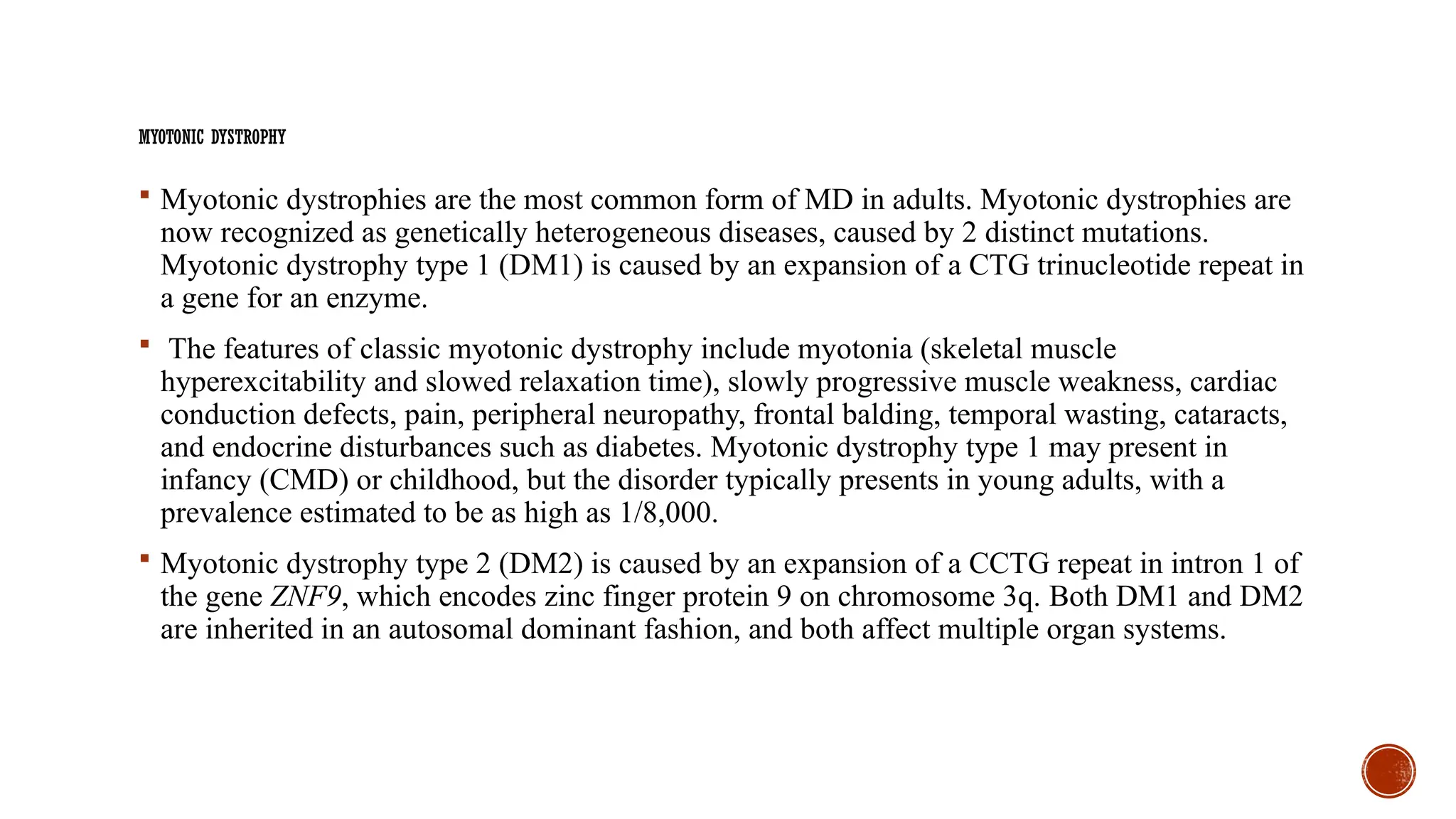 MYOTONIC DYSTROPHY
 Myotonic dystrophies are the most common form of MD in adults. Myotonic dystrophies are
now recognized as genetically heterogeneous diseases, caused by 2 distinct mutations.
Myotonic dystrophy type 1 (DM1) is caused by an expansion of a CTG trinucleotide repeat in
a gene for an enzyme.
 The features of classic myotonic dystrophy include myotonia (skeletal muscle
hyperexcitability and slowed relaxation time), slowly progressive muscle weakness, cardiac
conduction defects, pain, peripheral neuropathy, frontal balding, temporal wasting, cataracts,
and endocrine disturbances such as diabetes. Myotonic dystrophy type 1 may present in
infancy (CMD) or childhood, but the disorder typically presents in young adults, with a
prevalence estimated to be as high as 1/8,000.
 Myotonic dystrophy type 2 (DM2) is caused by an expansion of a CCTG repeat in intron 1 of
the gene ZNF9, which encodes zinc finger protein 9 on chromosome 3q. Both DM1 and DM2
are inherited in an autosomal dominant fashion, and both affect multiple organ systems.
 