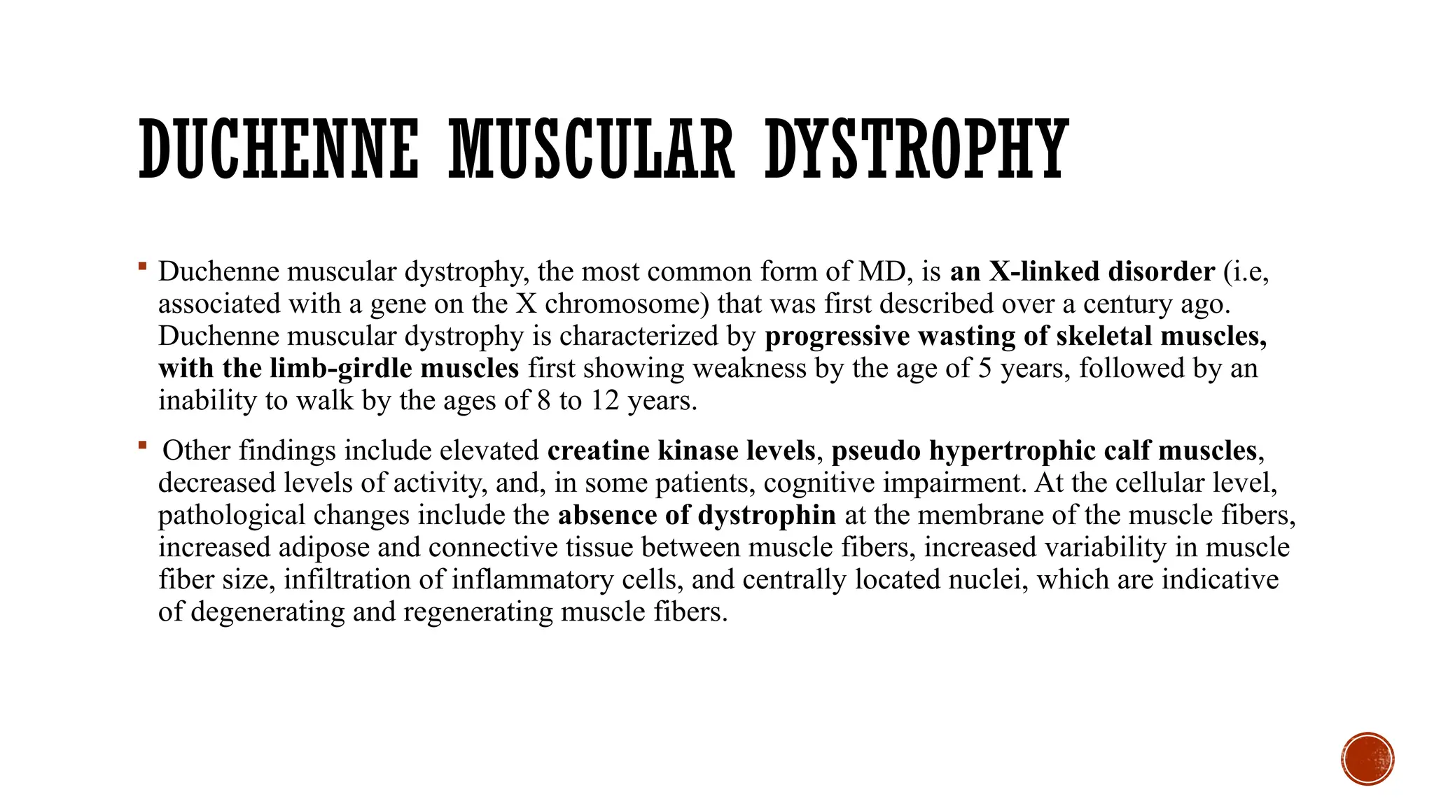 DUCHENNE MUSCULAR DYSTROPHY
 Duchenne muscular dystrophy, the most common form of MD, is an X-linked disorder (i.e,
associated with a gene on the X chromosome) that was first described over a century ago.
Duchenne muscular dystrophy is characterized by progressive wasting of skeletal muscles,
with the limb-girdle muscles first showing weakness by the age of 5 years, followed by an
inability to walk by the ages of 8 to 12 years.
 Other findings include elevated creatine kinase levels, pseudo hypertrophic calf muscles,
decreased levels of activity, and, in some patients, cognitive impairment. At the cellular level,
pathological changes include the absence of dystrophin at the membrane of the muscle fibers,
increased adipose and connective tissue between muscle fibers, increased variability in muscle
fiber size, infiltration of inflammatory cells, and centrally located nuclei, which are indicative
of degenerating and regenerating muscle fibers.
 