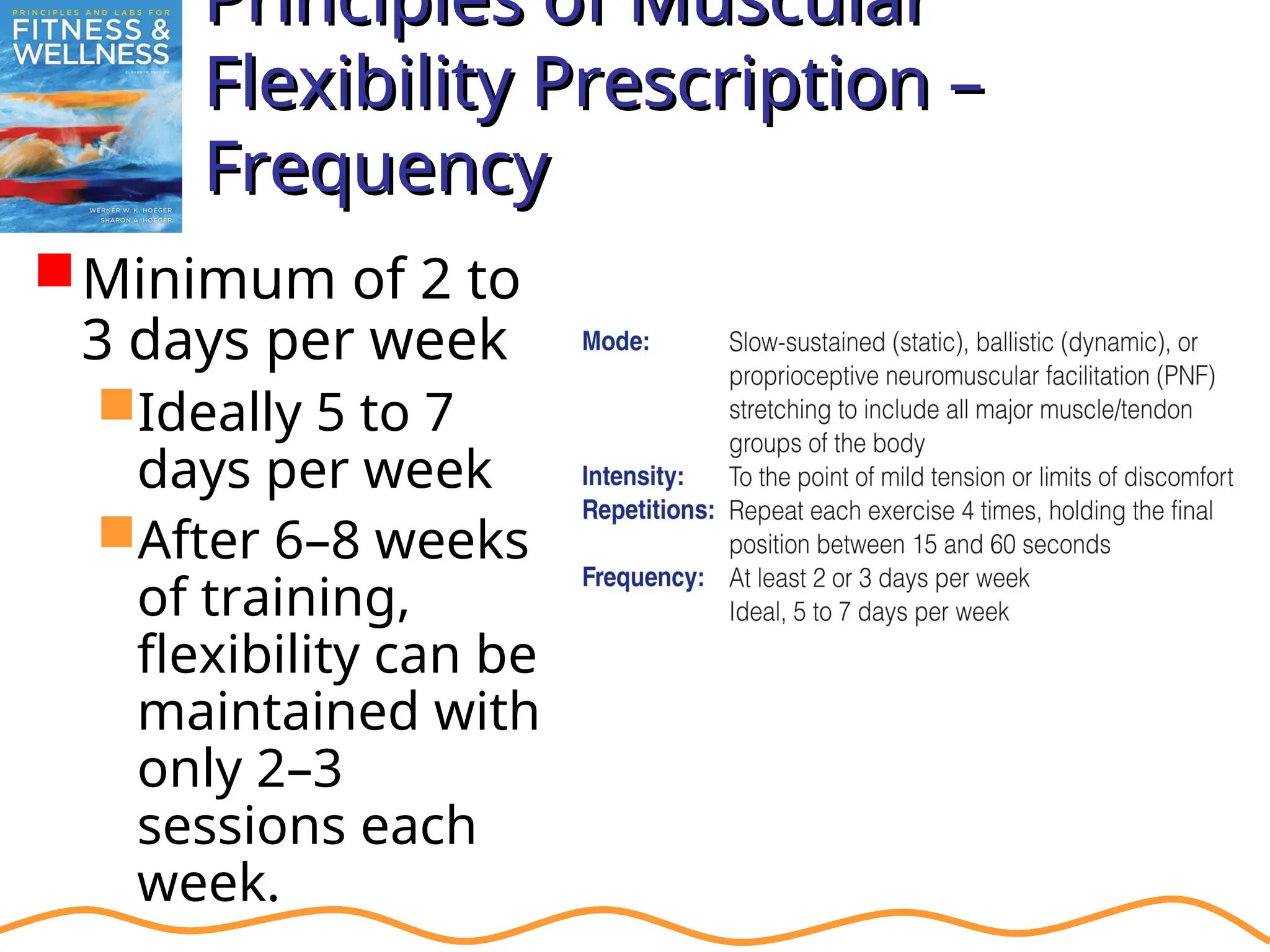 Principles of Muscular
Principles of Muscular
Flexibility Prescription –
Flexibility Prescription –
Frequency
Frequency
Minimum of 2 to
3 days per week
Ideally 5 to 7
days per week
After 6–8 weeks
of training,
flexibility can be
maintained with
only 2–3
sessions each
week.
 