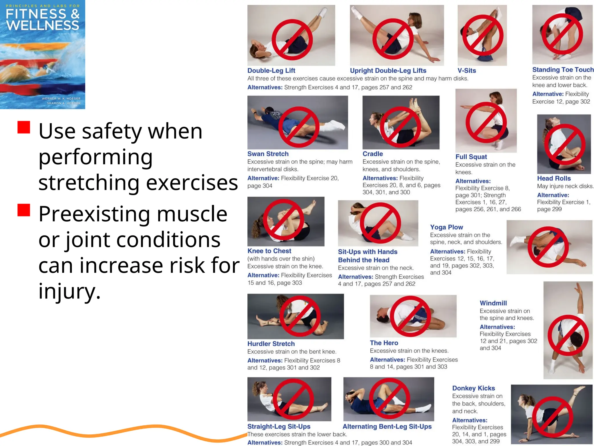  Use safety when
performing
stretching exercises
 Preexisting muscle
or joint conditions
can increase risk for
injury.
 