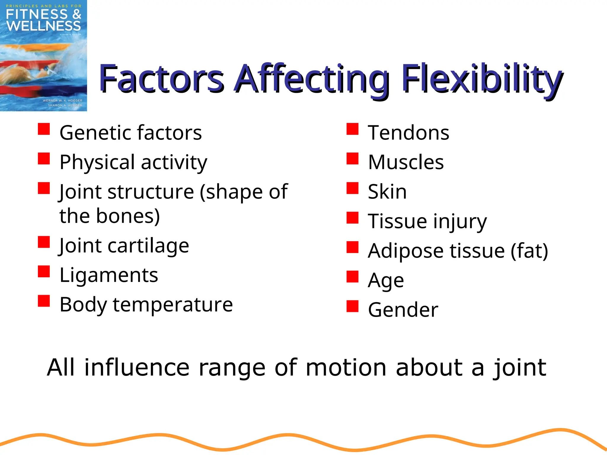 Factors Affecting Flexibility
Factors Affecting Flexibility
 Genetic factors
 Physical activity
 Joint structure (shape of
the bones)
 Joint cartilage
 Ligaments
 Body temperature
 Tendons
 Muscles
 Skin
 Tissue injury
 Adipose tissue (fat)
 Age
 Gender
All influence range of motion about a joint
 
