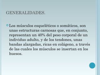GENERALIDADES.
 Los músculos esqueléticos o somáticos, son
unas estructuras carnosas que, en conjunto,
representan un 40% del peso corporal de un
individuo adulto, y de los tendones, unas
bandas alargadas, ricas en colágeno, a través
de las cuales los músculos se insertan en los
huesos. 
 