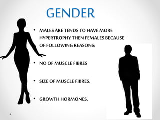 GENDER
• MALES ARE TENDS TO HAVE MORE
HYPERTROPHY THEN FEMALES BECAUSE
OF FOLLOWING REASONS:
• NOOF MUSCLE FIBRES
• SIZE OF MUSCLE FIBRES.
• GROWTH HORMONES.
 