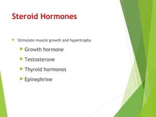 Steroid Hormones
 Stimulate muscle growth and hypertrophy
 Growth hormone
 Testosterone
 Thyroid hormones
 Epinephrine
 