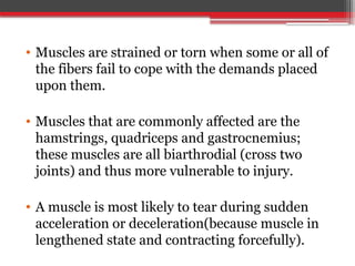 • Muscles are strained or torn when some or all of
the fibers fail to cope with the demands placed
upon them.
• Muscles that are commonly affected are the
hamstrings, quadriceps and gastrocnemius;
these muscles are all biarthrodial (cross two
joints) and thus more vulnerable to injury.
• A muscle is most likely to tear during sudden
acceleration or deceleration(because muscle in
lengthened state and contracting forcefully).
 