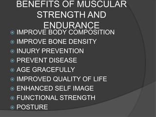 BENEFITS OF MUSCULAR
STRENGTH AND
ENDURANCE
 IMPROVE BODY COMPOSITION
 IMPROVE BONE DENSITY
 INJURY PREVENTION
 PREVENT DISEASE
 AGE GRACEFULLY
 IMPROVED QUALITY OF LIFE
 ENHANCED SELF IMAGE
 FUNCTIONAL STRENGTH
 POSTURE
 