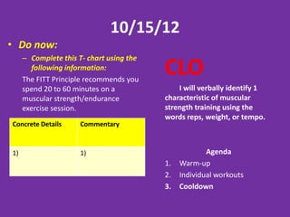 2/20 OR 2/21
• Do now:
   – Complete this T- chart using
      the following information:
   The FITT Principle
                                    CLO
                                    Teaching group:
   recommends you spend 20 to       I can demonstrate exercises, explain
   60 minutes on a muscular         correct technique and verbally
                                    correct mistakes as they occur.
   strength/endurance exercise      Whole class:
   session.                         During my individual workout I will
                                    practice and record exercises that use
                                    muscular strength.
 Concrete Details   Commentary
                                                   Agenda
                                    1.   Warm-up
 1)                 1)              2.   Student lead circuit
                                    3.   Individual workout #2
                                    3.   Cooldown
 