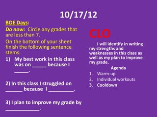2/26/13
• Muscular Endurance:
  The ability of the muscles   CLO
  to repeat a movement         Teaching group: We will verbally
                               explain the rules to our game and
  many times or hold a         make changes as necessary.
                               Whole class: I will verbally share
  position for a extended      my list of muscular endurance
  period of time without       actions with a partner.

  stopping to rest.
                                            Agenda
                               1.   Warm-up
• Do now: List actions in      2.   Student made game
                               3.   Cooldown
  sports or daily life that
  require good muscular
  endurance.
 