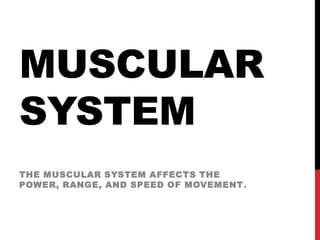 Muscular system The muscular system affects the power, range, and speed of movement. 