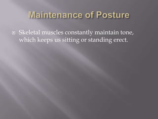   Skeletal muscles constantly maintain tone,
    which keeps us sitting or standing erect.
 