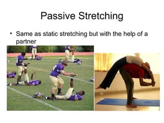Passive Stretching
• Same as static stretching but with the help of a
  partner
 