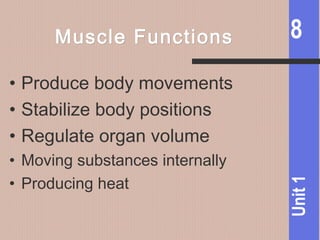 8
Unit1
Muscle FunctionsMuscle Functions
• Produce body movements
• Stabilize body positions
• Regulate organ volume
• Moving substances internally
• Producing heat
 