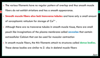  The various filaments have no regular pattern of overlap and thus smooth muscle
fibers do not exhibit striations and has a smooth appearance.
 Smooth muscle fibers also lack transverse tubules and have only a small amount
of sarcoplasmic reticulum for storage of Ca2+ .
 Although there are no transverse tubules in smooth muscle tissue, there are small
pouch like invaginations of the plasma membrane called caveolae that contain
extracellular Calcium that can be used for muscular contraction
 In smooth muscle fibers, the thin filaments attach to structures called dense bodies.
These dense bodies are similar to Z- disc in skeletal muscle fibers
Jegan
 