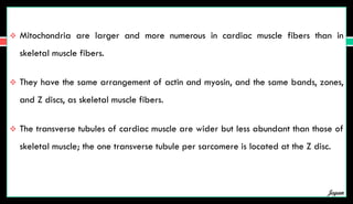  Mitochondria are larger and more numerous in cardiac muscle fibers than in
skeletal muscle fibers.
 They have the same arrangement of actin and myosin, and the same bands, zones,
and Z discs, as skeletal muscle fibers.
 The transverse tubules of cardiac muscle are wider but less abundant than those of
skeletal muscle; the one transverse tubule per sarcomere is located at the Z disc.
Jegan
 