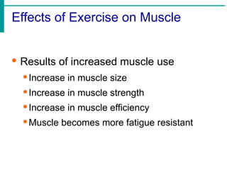 Effects of Exercise on Muscle
· Results of increased muscle use
·Increase in muscle size
·Increase in muscle strength
·Increase in muscle efficiency
·Muscle becomes more fatigue resistant
 