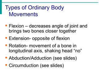 Types of Ordinary Body
Movements
· Flexion – decreases angle of joint and
brings two bones closer together
· Extension- opposite of flexion
· Rotation- movement of a bone in
longitudinal axis, shaking head “no”
· Abduction/Adduction (see slides)
· Circumduction (see slides)
 