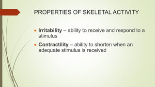 PROPERTIES OF SKELETAL ACTIVITY
 Irritability – ability to receive and respond to a
stimulus
 Contractility – ability to shorten when an
adequate stimulus is received
 