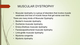 MUSCULAR DYSTROPHY
• Muscular dystrophy is a group of disorders that involve muscle
weakness and loss of muscle tissue that get worse over time.
There are many kinds of Muscular Dystrophy
• Becker's muscular dystrophy
• Duchenne muscular dystrophy
• Emery-Dreifuss muscular dystrophy
• Facioscapulohumeral muscular dystrophy
• Limb-girdle muscular dystrophy
• Myotonia congenita
• Myotonic dystrophy
 
