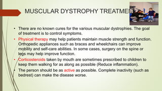 MUSCULAR DYSTROPHY TREATMENT
• There are no known cures for the various muscular dystrophies. The goal
of treatment is to control symptoms.
• Physical therapy may help patients maintain muscle strength and function.
Orthopedic appliances such as braces and wheelchairs can improve
mobility and self-care abilities. In some cases, surgery on the spine or
legs may help improve function.
• Corticosteroids taken by mouth are sometimes prescribed to children to
keep them walking for as along as possible (Reduce inflammation).
• The person should be as active as possible. Complete inactivity (such as
bedrest) can make the disease worse.
 