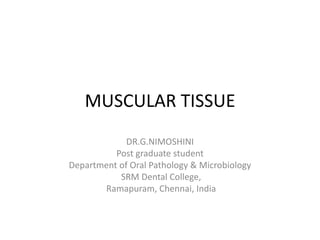 MUSCULAR TISSUE
DR.G.NIMOSHINI
Post graduate student
Department of Oral Pathology & Microbiology
SRM Dental College,
Ramapuram, Chennai, India
 