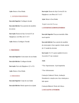 Ação: Baixar o Osso Hioide.
2. ESTERNOTIREOIÓIDEO
Inserção Superior:Cartilagem tireoide
Inserção Inferior:Face posterior do manúbrio
do esterno
Inervação:Ramos da Alça Cervical (N. do
Hipoglosso) com fibras de C1 à C3
Ação: Baixar a Cartilagem Tireoide
3. TIREÓIDEO
Inserção Superior: Corno maior do osso hioide
Inserção Inferior:Cartilagem tireoide
Inervação:Nervo do Hipoglosso (C1 e C2)
Ação: Baixar o Osso Hioide.
4. OMOIOIDEO
Inserção Superior:Corpo do osso hioide
Inserção Inferior:Borda superior da escápula
Inervação:Ramos da Alça Cervical (N. do
Hipoglosso) com fibras de C1 à C3
Ação: Baixar o Osso Hioide.
Região Lateraldo Pescoço
1. ESTERNOCLEIDOMASTOIDEO
Inserção Superior:Processo mastoide e linha
nucal superior
Inserção Inferior:Face anterior do manúbrio
do esterno junto à face superior e borda anterior
do 1/3 medial da clavícula
Inervação:C2, C3 e parte espinhal do nervo
Acessório (11º par craniano)
Ação:
* Fixo Superiormente: Ação Inspiratória
* Fixo Inferiormente:
Contração Unilateral: Flexão, Inclinação
Homolateral e rotação com a face virada para o
lado oposto
Contração Bilateral: Flexão da Cabeça.
2. ESCALENO ANTERIOR
 