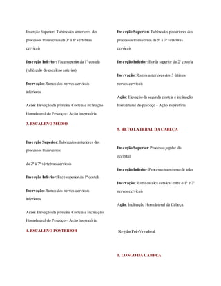 Inserção Superior: Tubérculos anteriores dos
processos transversos da 3ª à 6ª vértebras
cervicais
Inserção Inferior: Face superior da 1º costela
(tubérculo do escaleno anterior)
Inervação:Ramos dos nervos cervicais
inferiores
Ação: Elevação da primeira Costela e inclinação
Homolateral do Pescoço – Ação Inspiratória.
3. ESCALENO MÉDIO
Inserção Superior:Tubérculos anteriores dos
processos transversos
da 2ª à 7ª vértebras cervicais
Inserção Inferior:Face superior da 1ª costela
Inervação:Ramos dos nervos cervicais
inferiores
Ação: Elevação da primeira Costela e Inclinação
Homolateral do Pescoço – Ação Inspiratória.
4. ESCALENO POSTERIOR
Inserção Superior: Tubérculos posteriores dos
processos transversos da 5ª à 7ª vértebras
cervicais
Inserção Inferior:Borda superior da 2ª costela
Inervação:Ramos anteriores dos 3 últimos
nervos cervicais
Ação: Elevação da segunda costela e inclinação
homolateral do pescoço – Ação inspiratória
TESUS CONHECIMENTOS SOBREO
SISTEMA MUSCULAR
5. RETO LATERAL DA CABEÇA
Inserção Superior:Processo jugular do
occipital
Inserção Inferior:Processo transverso de atlas
Inervação:Ramo da alça cervical entre o 1º e 2º
nervos cervicais
Ação: Inclinação Homolateral da Cabeça.
Região Pré-Vertebral
1. LONGO DA CABEÇA
 
