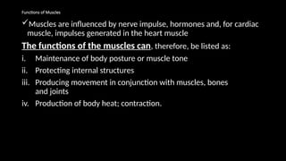 Functions of Muscles
Muscles are influenced by nerve impulse, hormones and, for cardiac
muscle, impulses generated in the heart muscle
The functions of the muscles can, therefore, be listed as:
i. Maintenance of body posture or muscle tone
ii. Protecting internal structures
iii. Producing movement in conjunction with muscles, bones
and joints
iv. Production of body heat; contraction.
 