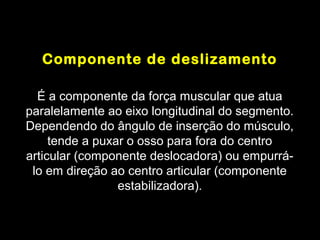 Componente de deslizamento

  É a componente da força muscular que atua
paralelamente ao eixo longitudinal do segmento.
Dependendo do ângulo de inserção do músculo,
     tende a puxar o osso para fora do centro
articular (componente deslocadora) ou empurrá-
 lo em direção ao centro articular (componente
                 estabilizadora).
 