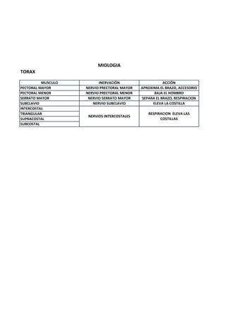 TORAX
MUSCULO INERVACIÓN ACCIÓN
PECTORAL MAYOR NERVIO PRECTORAL MAYOR APROXIMA EL BRAZO, ACCESORIO
PECTORAL MENOR NERVIO PRECTORAL MENOR BAJA EL HOMBRO
SERRATO MAYOR NERVIO SERRATO MAYOR SEPARA EL BRAZO, RESPIRACION
SUBCLAVIO NERVIO SUBCLAVIO ELEVA LA COSTILLA
INTERCOSTAL
TRIANGULAR
SUPRACOSTAL
SUBCOSTAL
MIOLOGIA
NERVIOS INTERCOSTALES
RESPIRACION ELEVA LAS
COSTILLAS
 