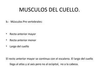 MUSCULOS DEL CUELLO.
b.- Músculos Pre vertebrales:
• Recto anterior mayor
• Recto anterior menor
• Largo del cuello
El recto anterior mayor se continua con el escaleno. El largo del cuello
llega al atlas y al axis pero no al ociipital, no a la cabeza.
 