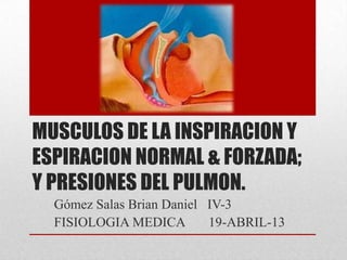 MUSCULOS DE LA INSPIRACION Y
ESPIRACION NORMAL & FORZADA;
Y PRESIONES DEL PULMON.
Gómez Salas Brian Daniel IV-3
FISIOLOGIA MEDICA 19-ABRIL-13
 