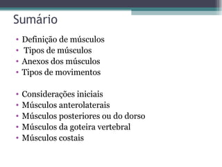 Sumário
•
•
•
•

Definição de músculos
Tipos de músculos
Anexos dos músculos
Tipos de movimentos

•
•
•
•
•

Considerações iniciais
Músculos anterolaterais
Músculos posteriores ou do dorso
Músculos da goteira vertebral
Músculos costais

 