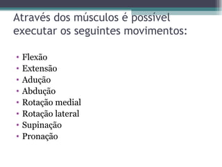 Através dos músculos é possível
executar os seguintes movimentos:
•
•
•
•
•
•
•
•

Flexão
Extensão
Adução
Abdução
Rotação medial
Rotação lateral
Supinação
Pronação

 